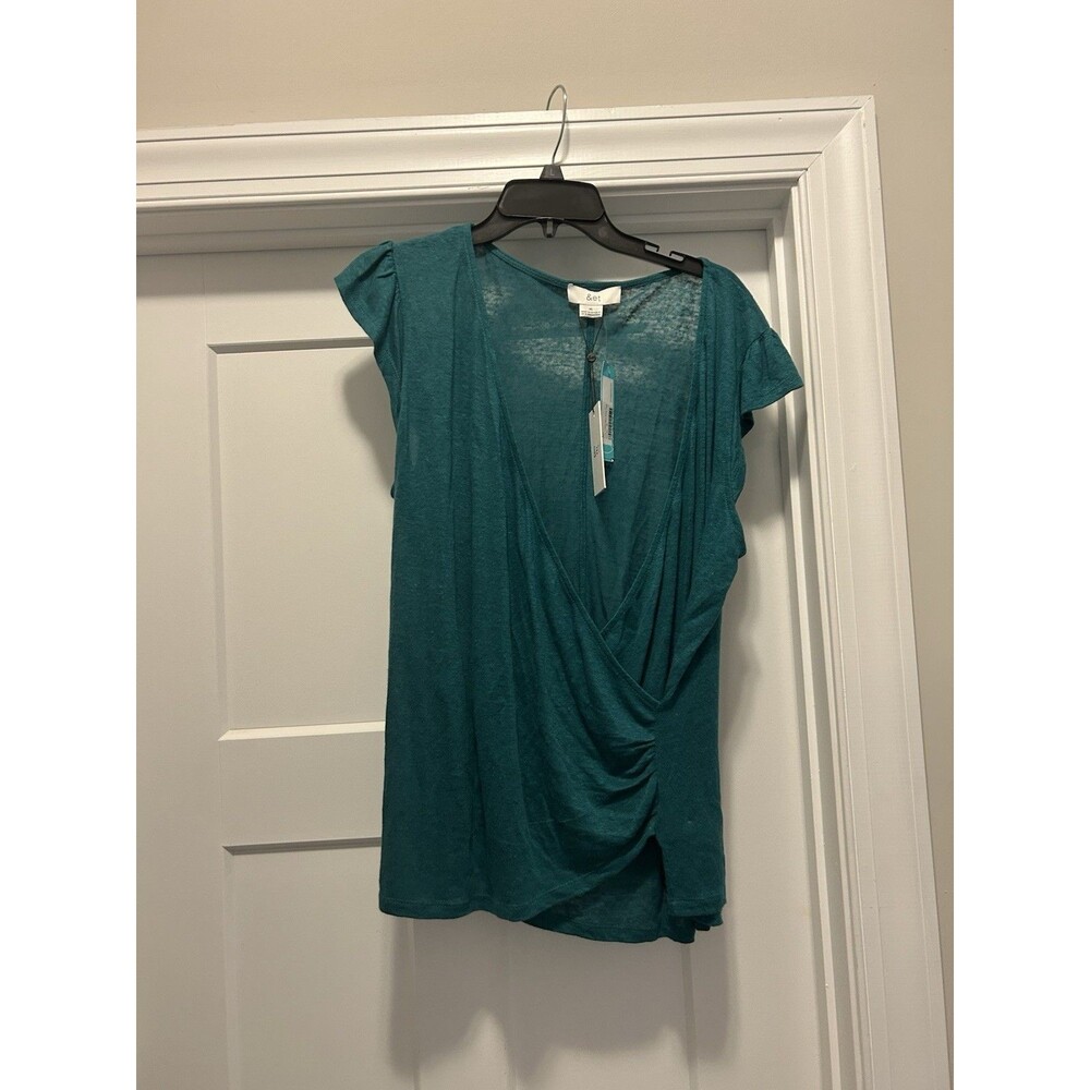 New &et Drape Crossover Teal GREEN Linen TOP Deep V neck Work Casual Size XL